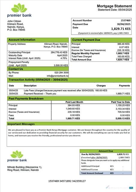Download Kenya Premier Bank Kenya mortgage statement Word and PDF template Photoshop template
